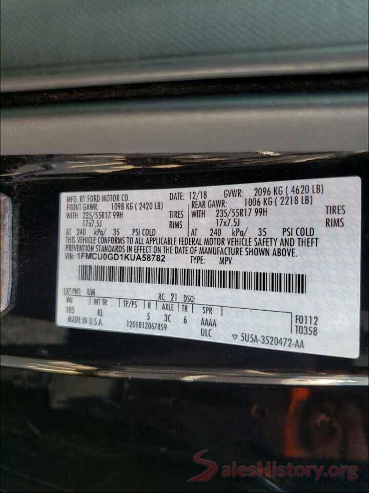 1FMCU0GD1KUA58782 2019 FORD ESCAPE