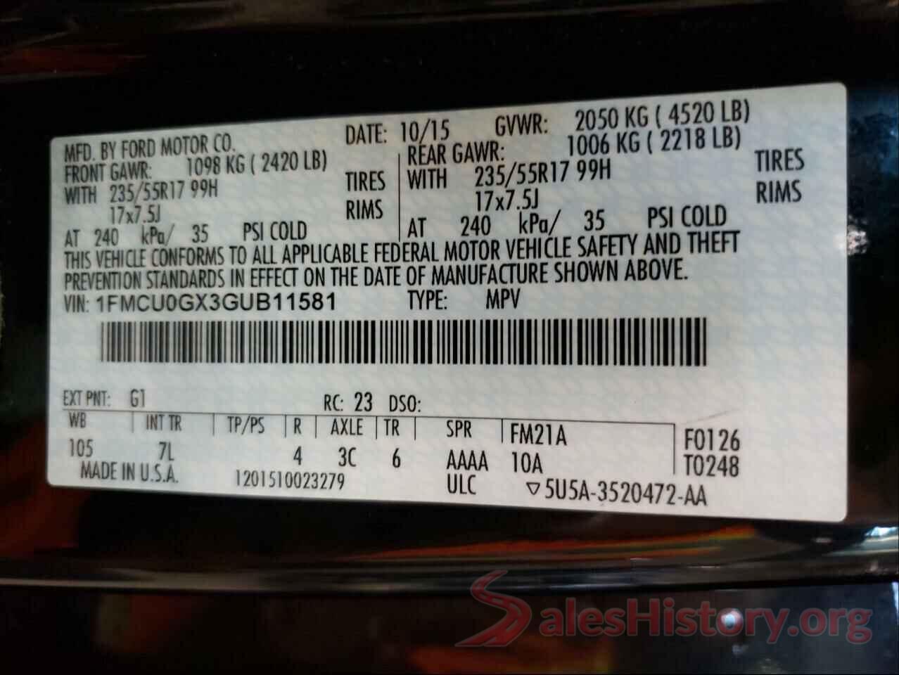 1FMCU0GX3GUB11581 2016 FORD ESCAPE