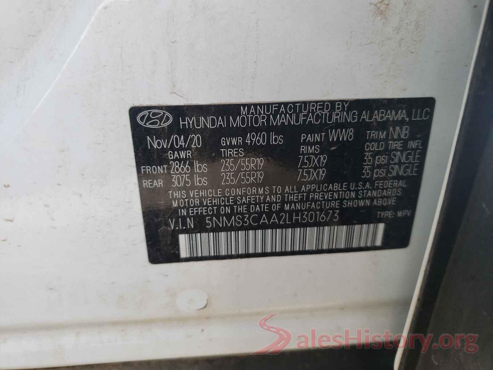 5NMS3CAA2LH301673 2020 HYUNDAI SANTA FE