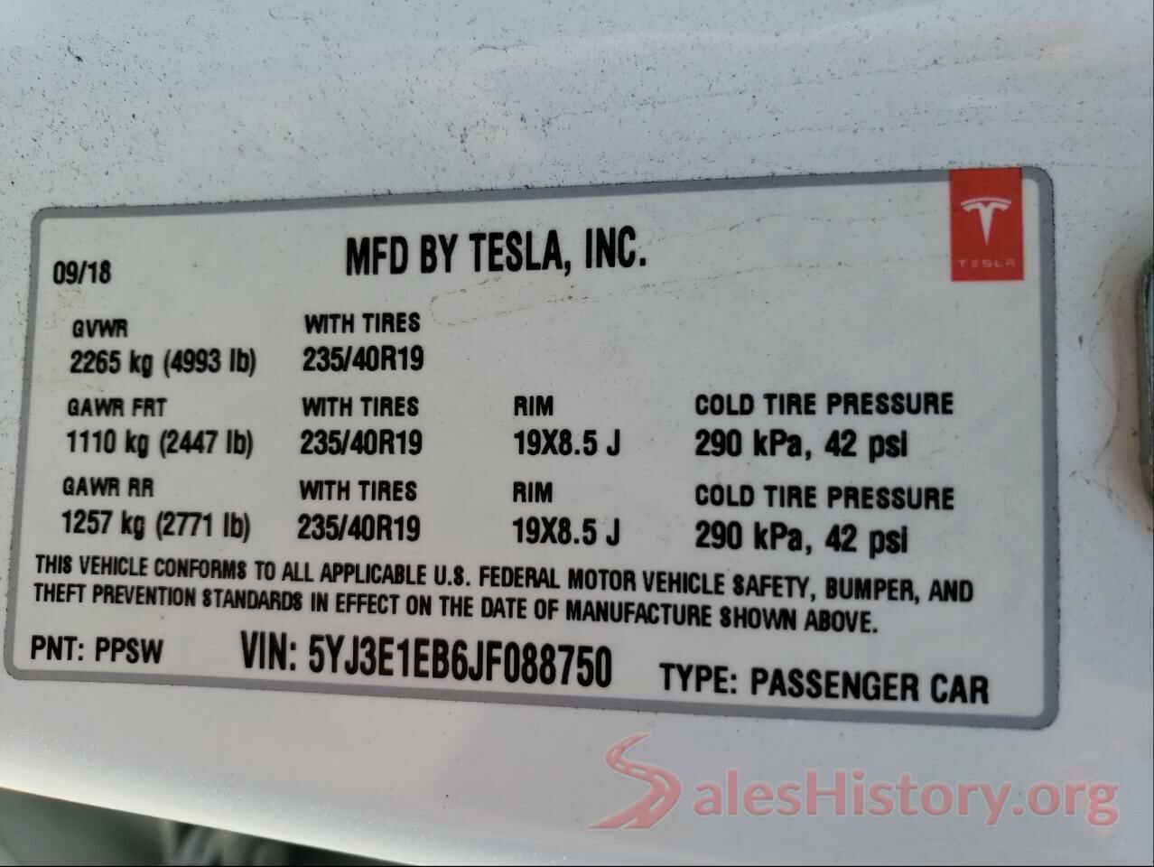 5YJ3E1EB6JF088750 2018 TESLA MODEL 3