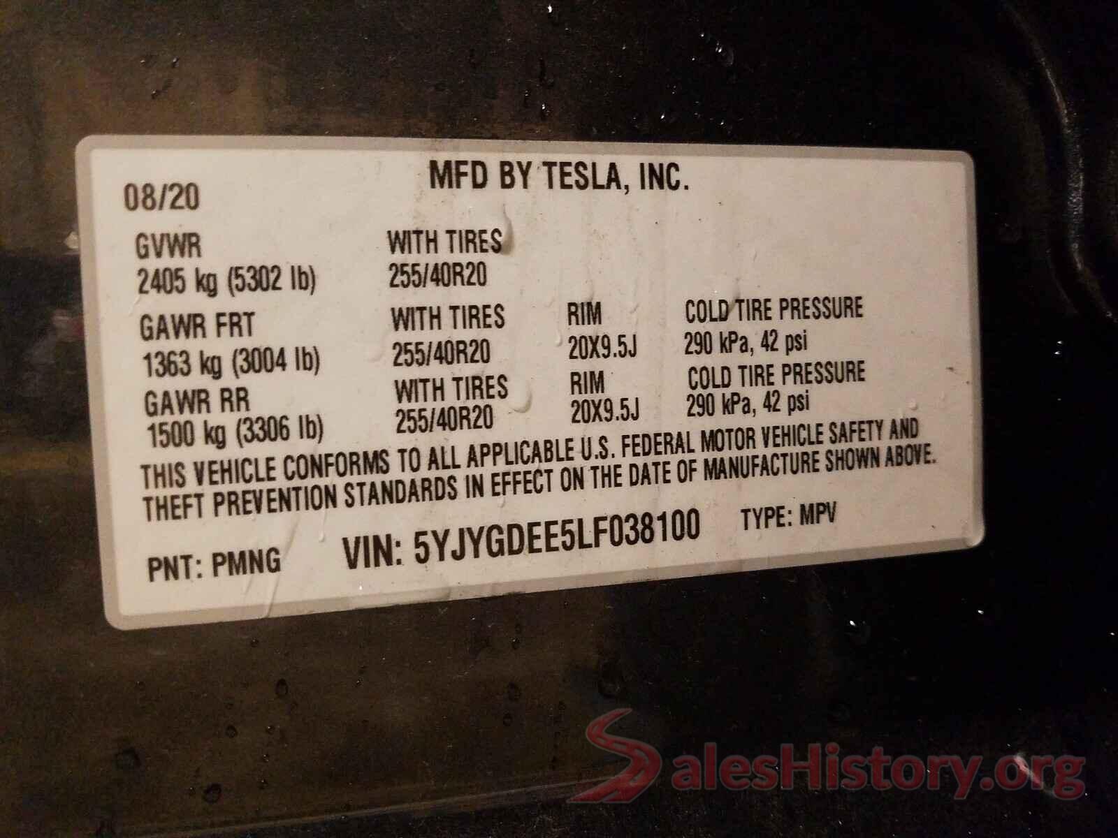 5YJYGDEE5LF038100 2020 TESLA MODEL Y