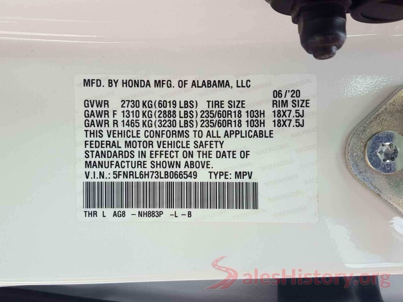 5FNRL6H73LB066549 2020 HONDA ODYSSEY