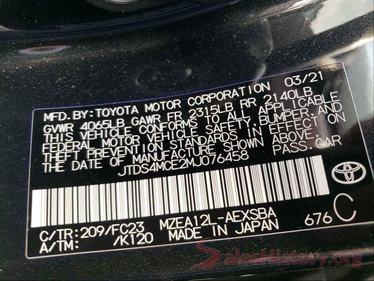 JTDS4MCE2MJ076458 2021 TOYOTA COROLLA