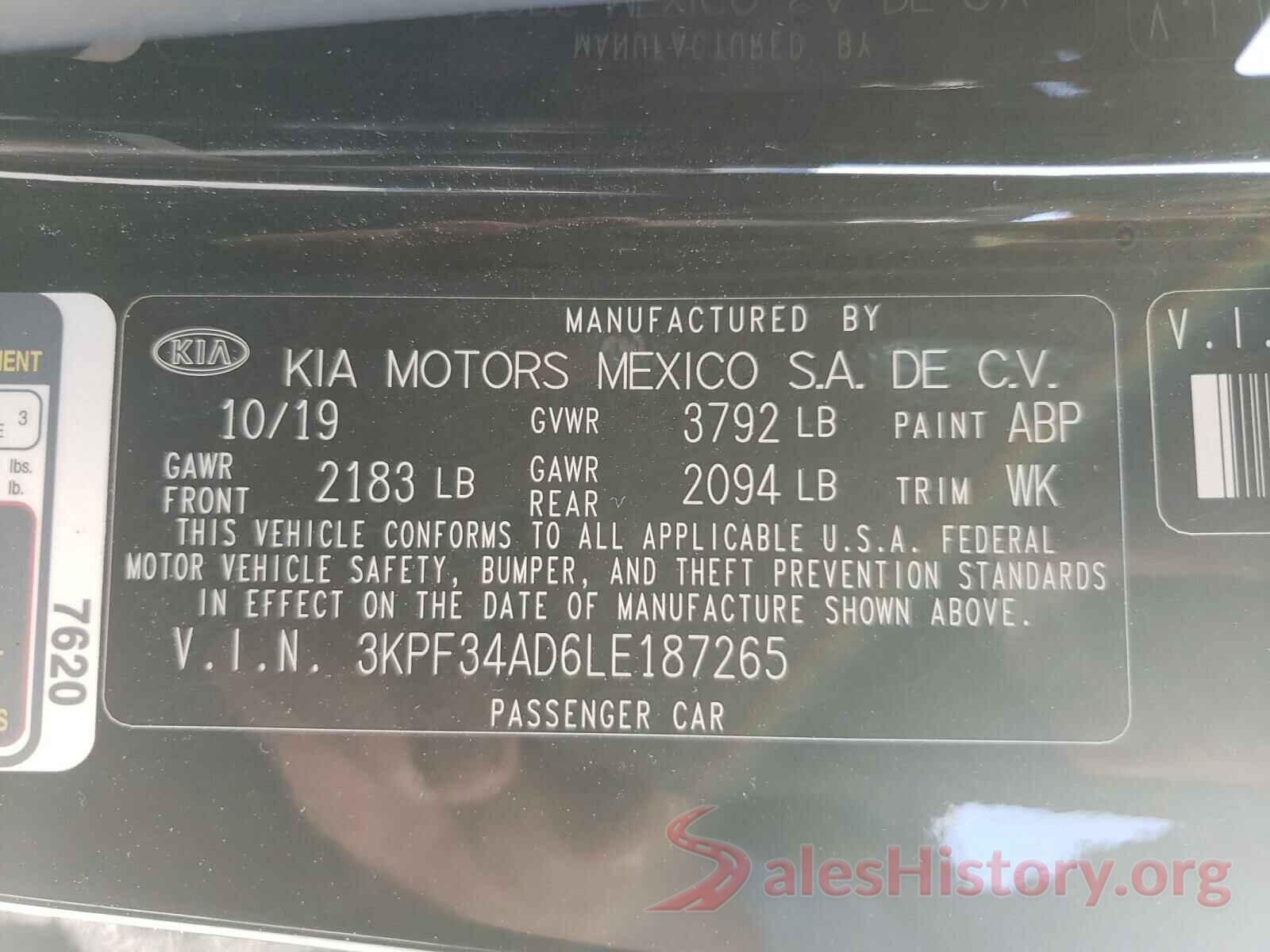 3KPF34AD6LE187265 2020 KIA FORTE