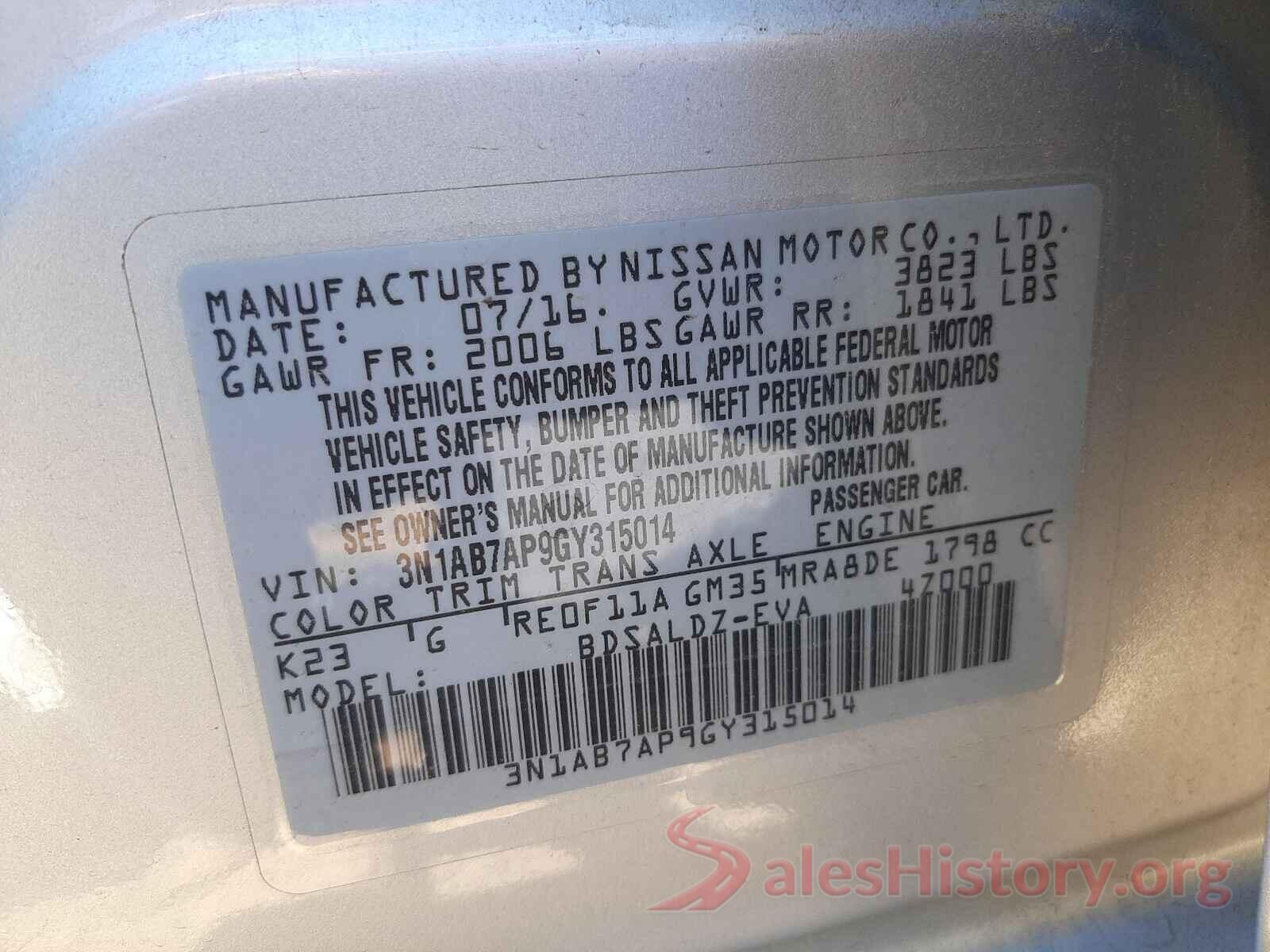 3N1AB7AP9GY315014 2016 NISSAN SENTRA