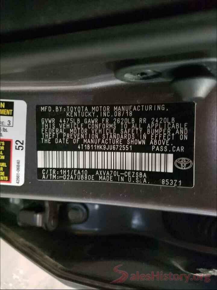 4T1B11HK9JU672551 2018 TOYOTA CAMRY