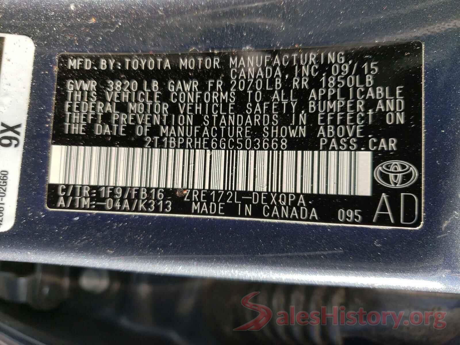 2T1BPRHE6GC503668 2016 TOYOTA COROLLA