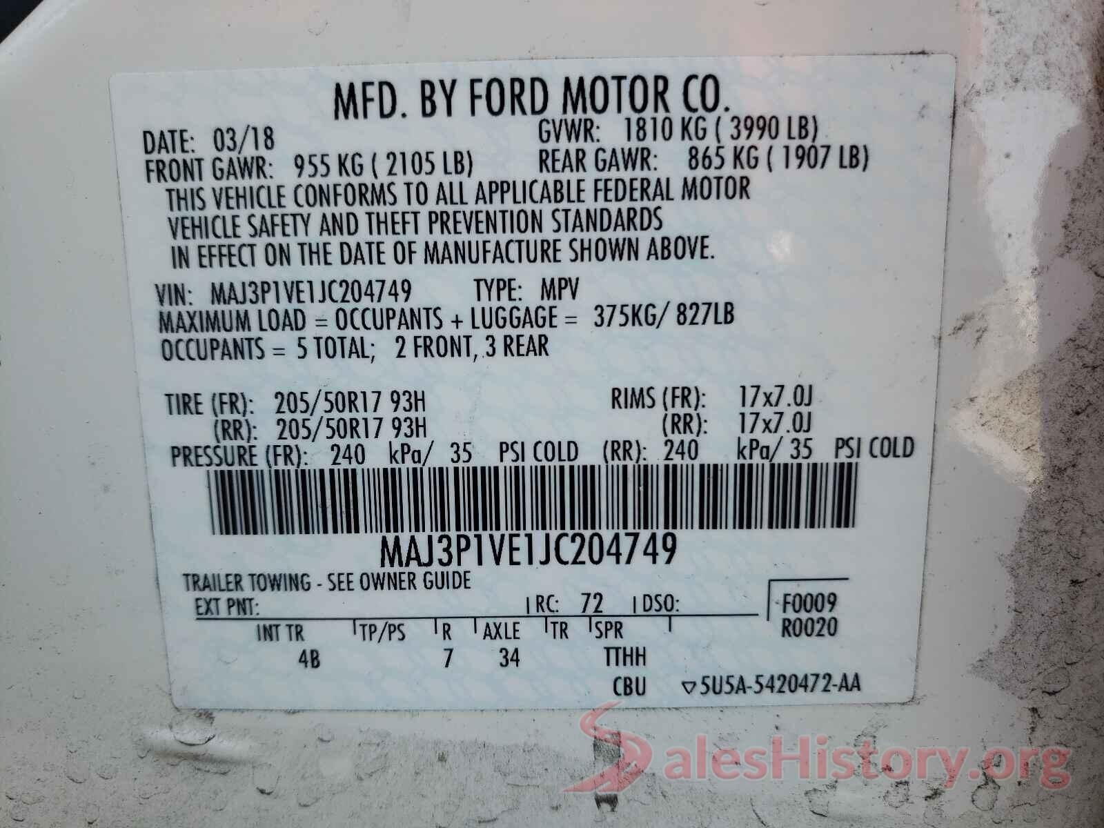 MAJ3P1VE1JC204749 2018 FORD ALL OTHER