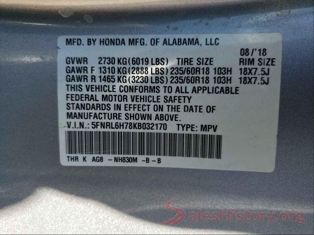 5FNRL6H78KB032170 2019 HONDA ODYSSEY