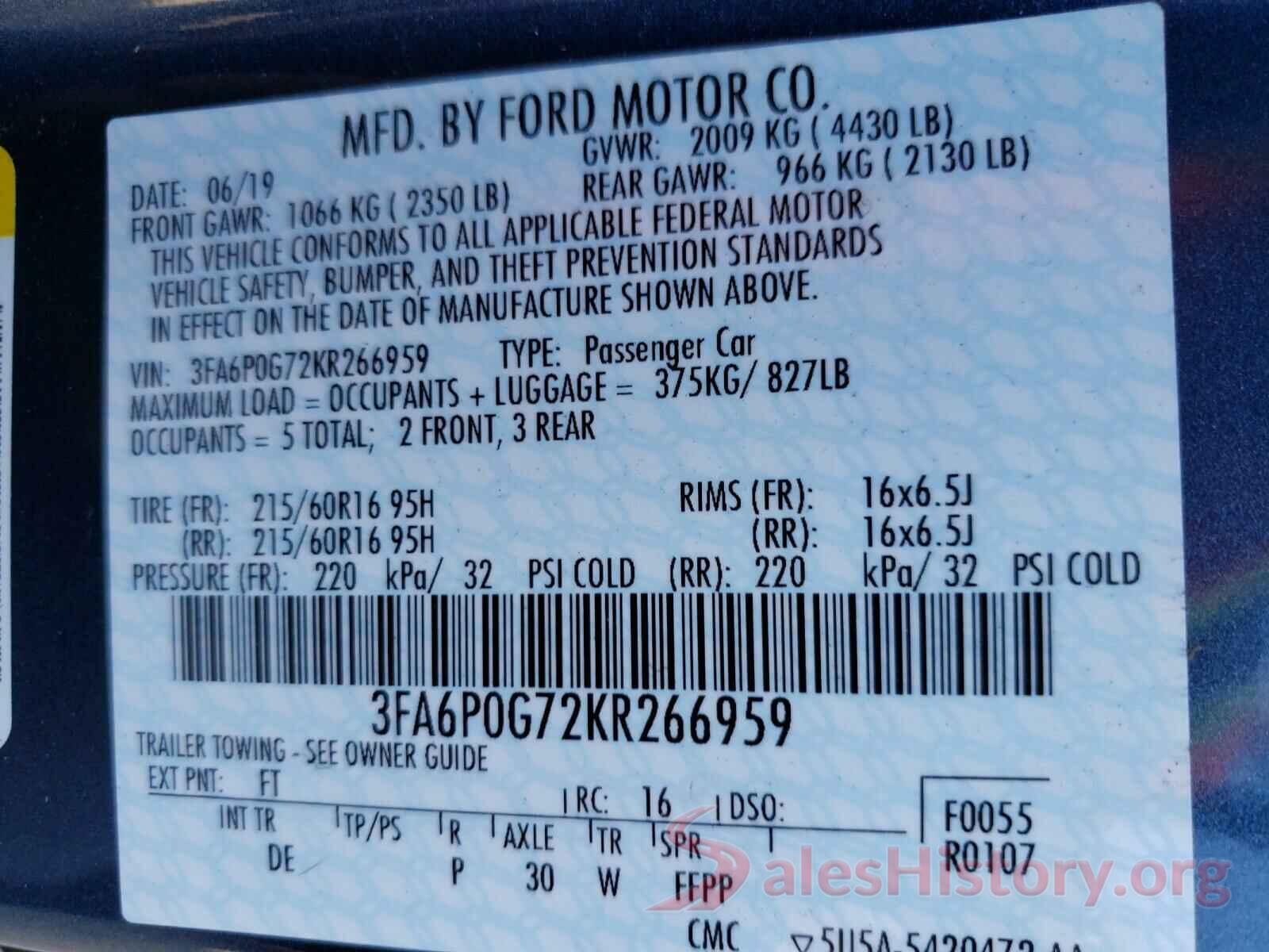 3FA6P0G72KR266959 2019 FORD FUSION