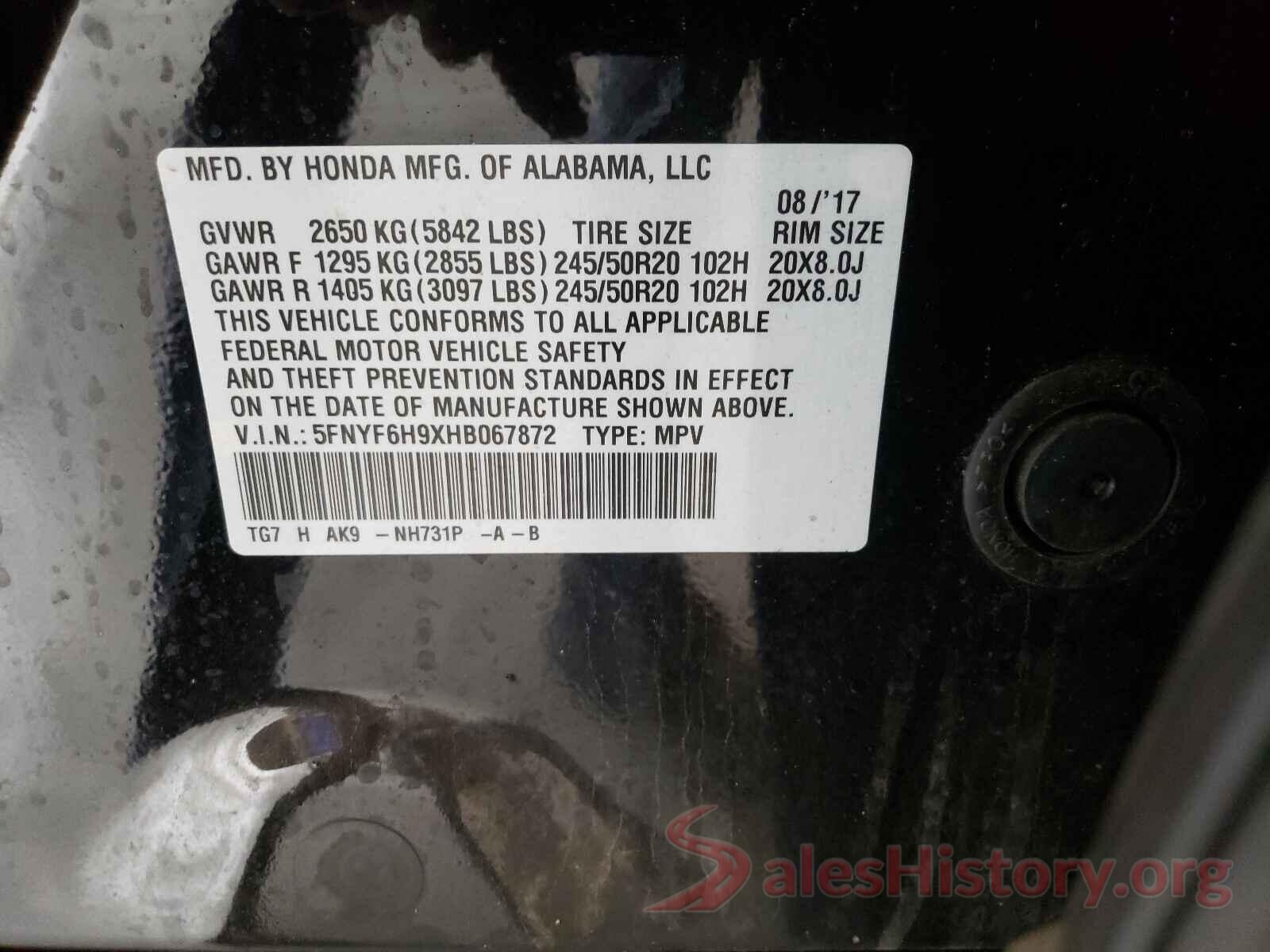 5FNYF6H9XHB067872 2017 HONDA PILOT