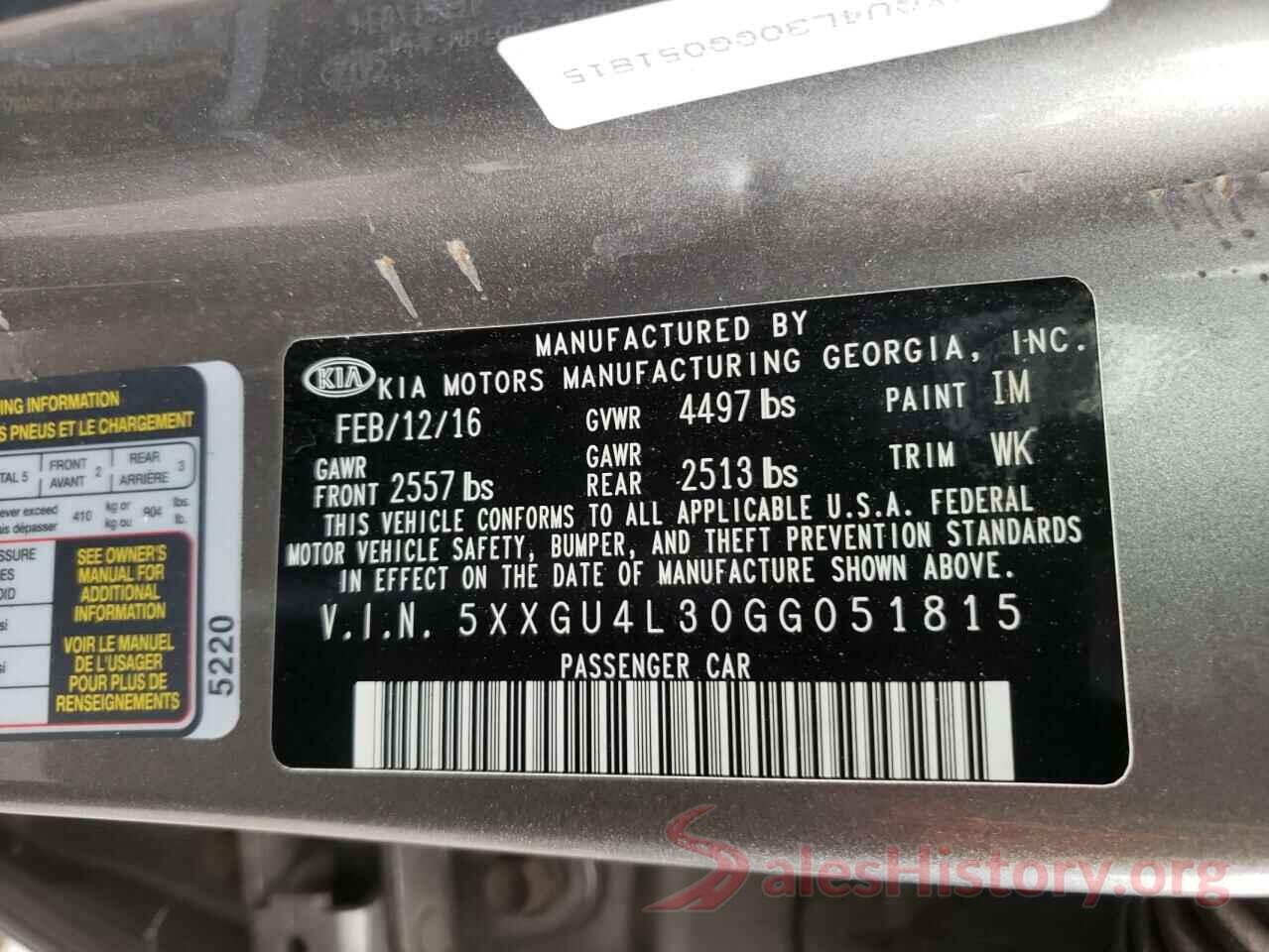 5XXGU4L30GG051815 2016 KIA OPTIMA