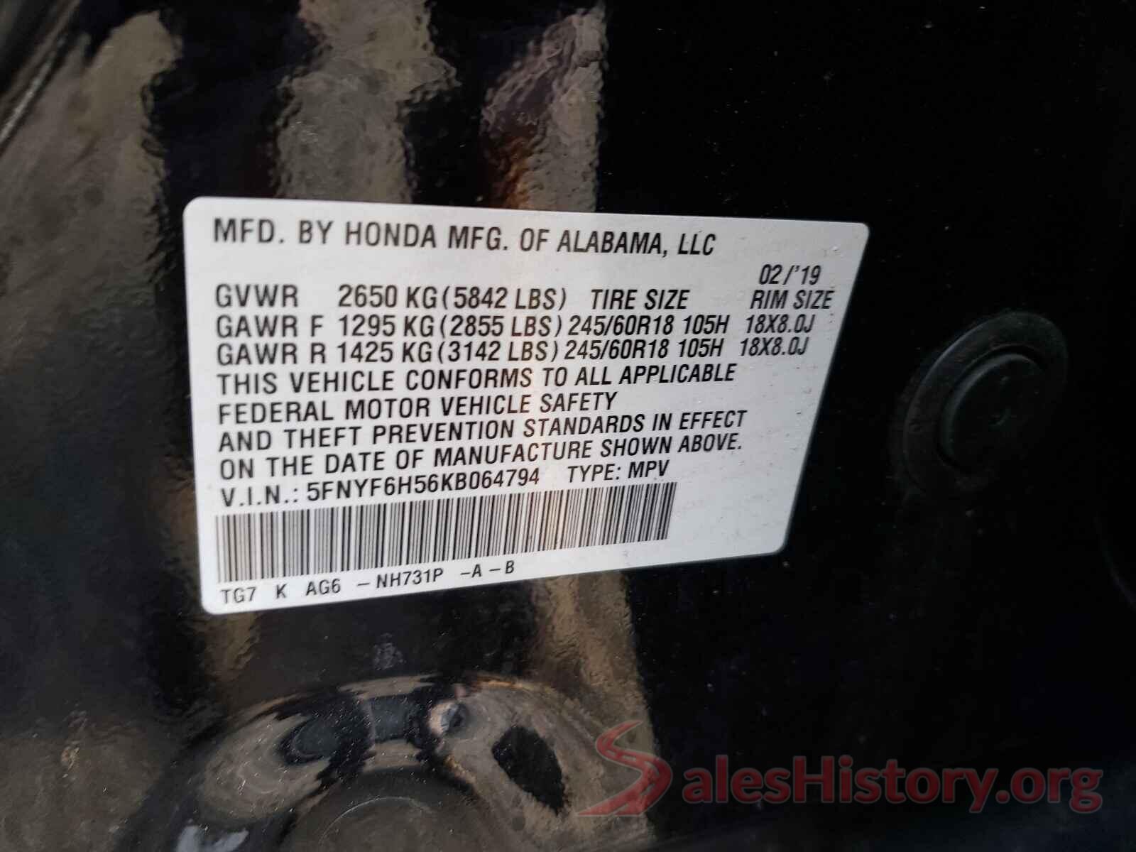 5FNYF6H56KB064794 2019 HONDA PILOT