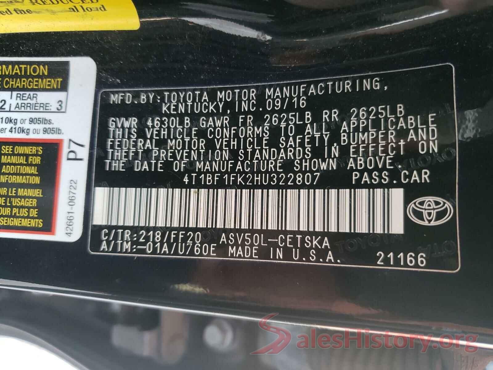 4T1BF1FK2HU322807 2017 TOYOTA CAMRY