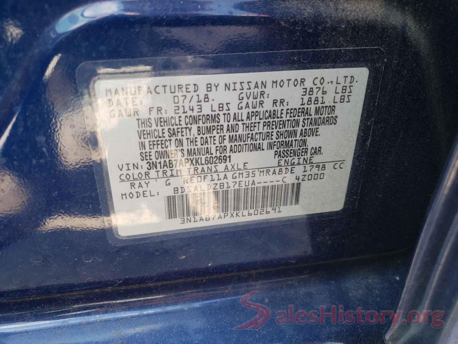 3N1AB7APXKL602691 2019 NISSAN SENTRA