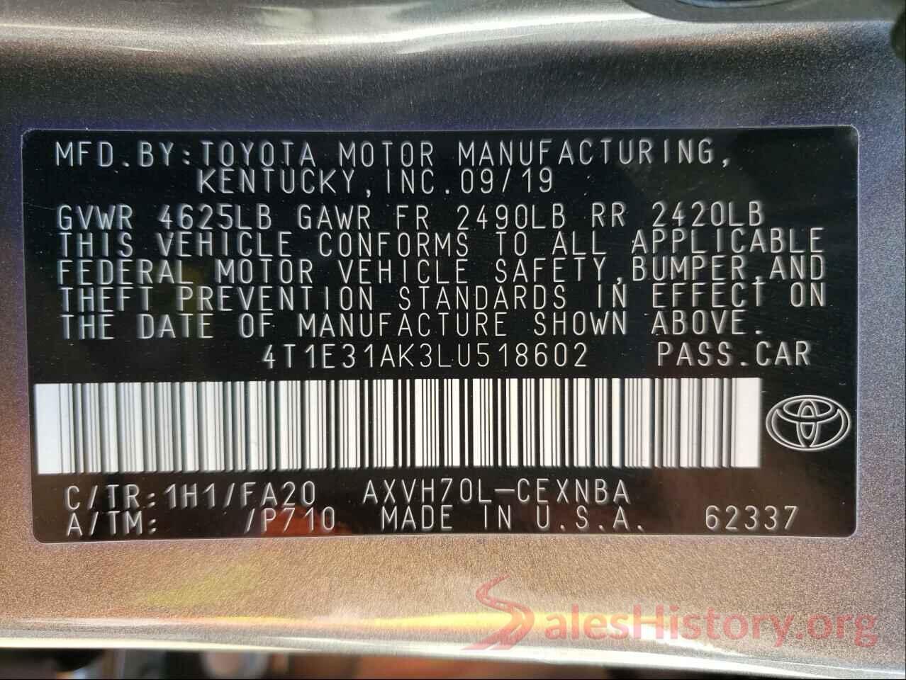 4T1E31AK3LU518602 2020 TOYOTA CAMRY