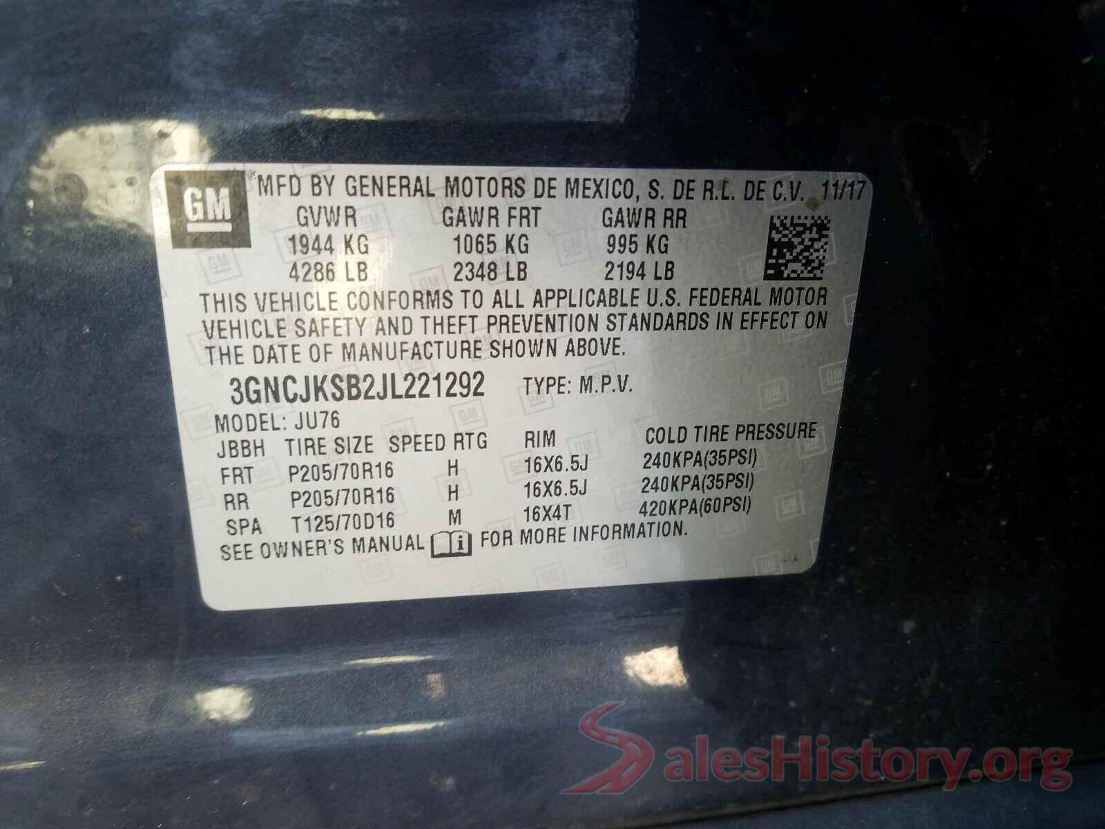 3GNCJKSB2JL221292 2018 CHEVROLET TRAX