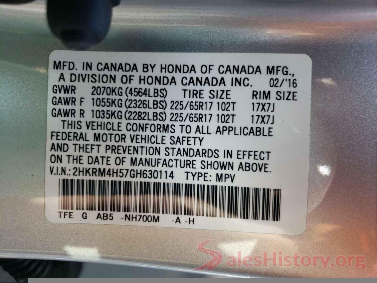 2HKRM4H57GH630114 2016 HONDA CRV