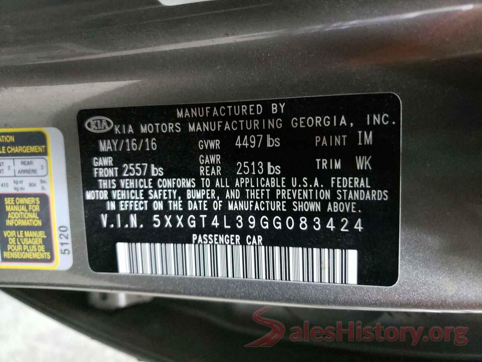 5XXGT4L39GG083424 2016 KIA OPTIMA