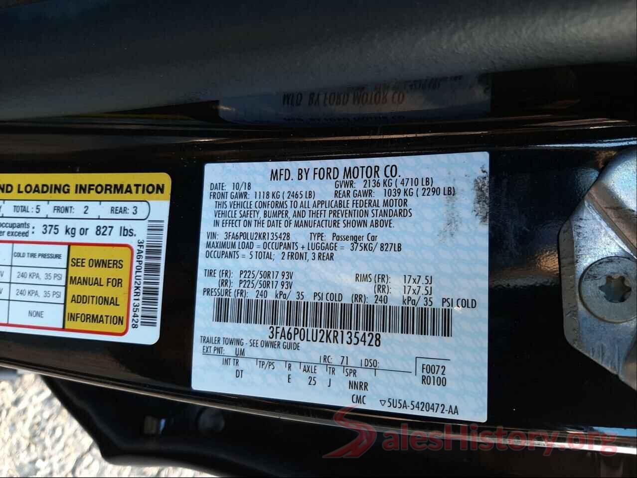 3FA6P0LU2KR135428 2019 FORD FUSION