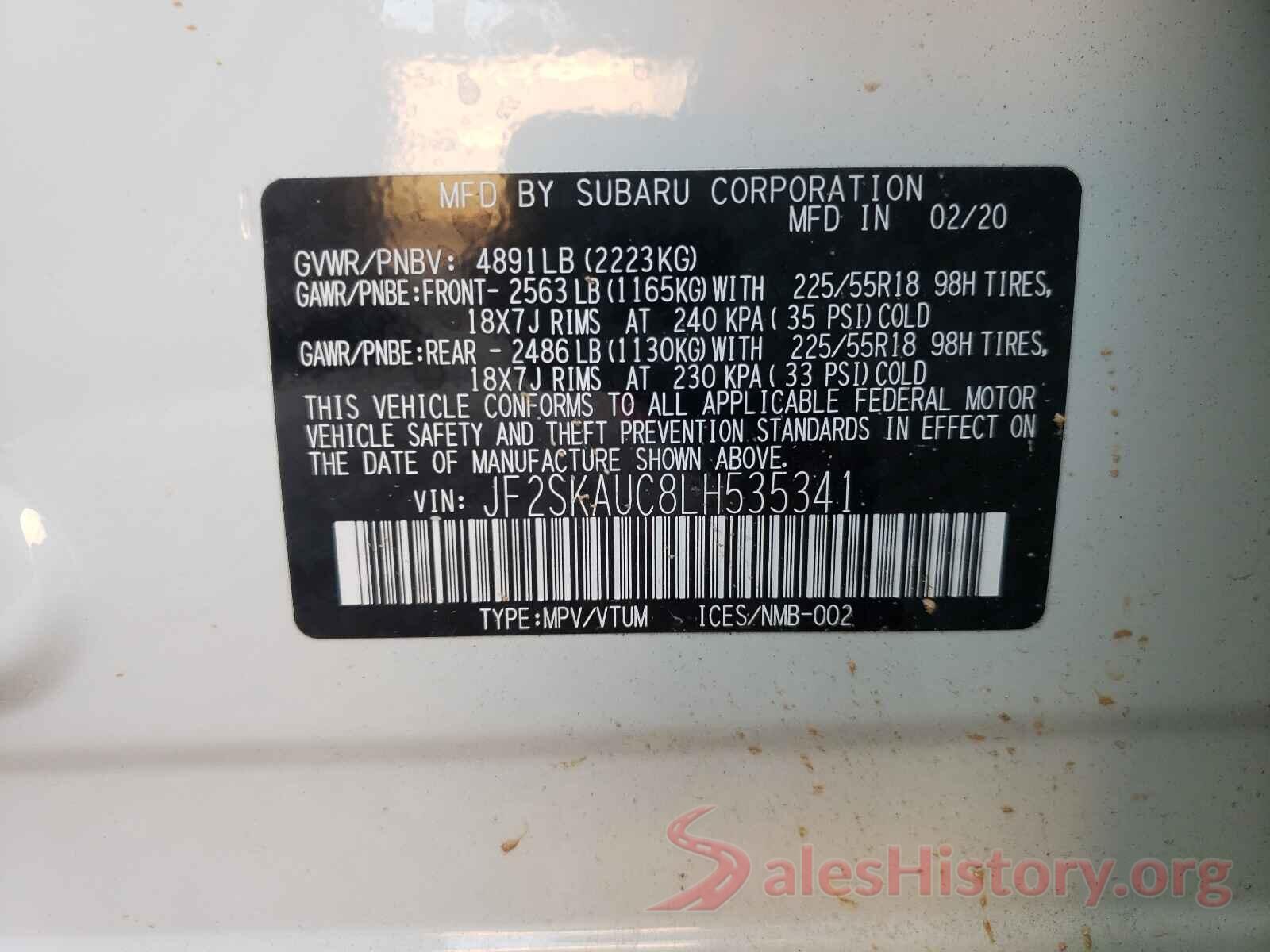 JF2SKAUC8LH535341 2020 SUBARU FORESTER