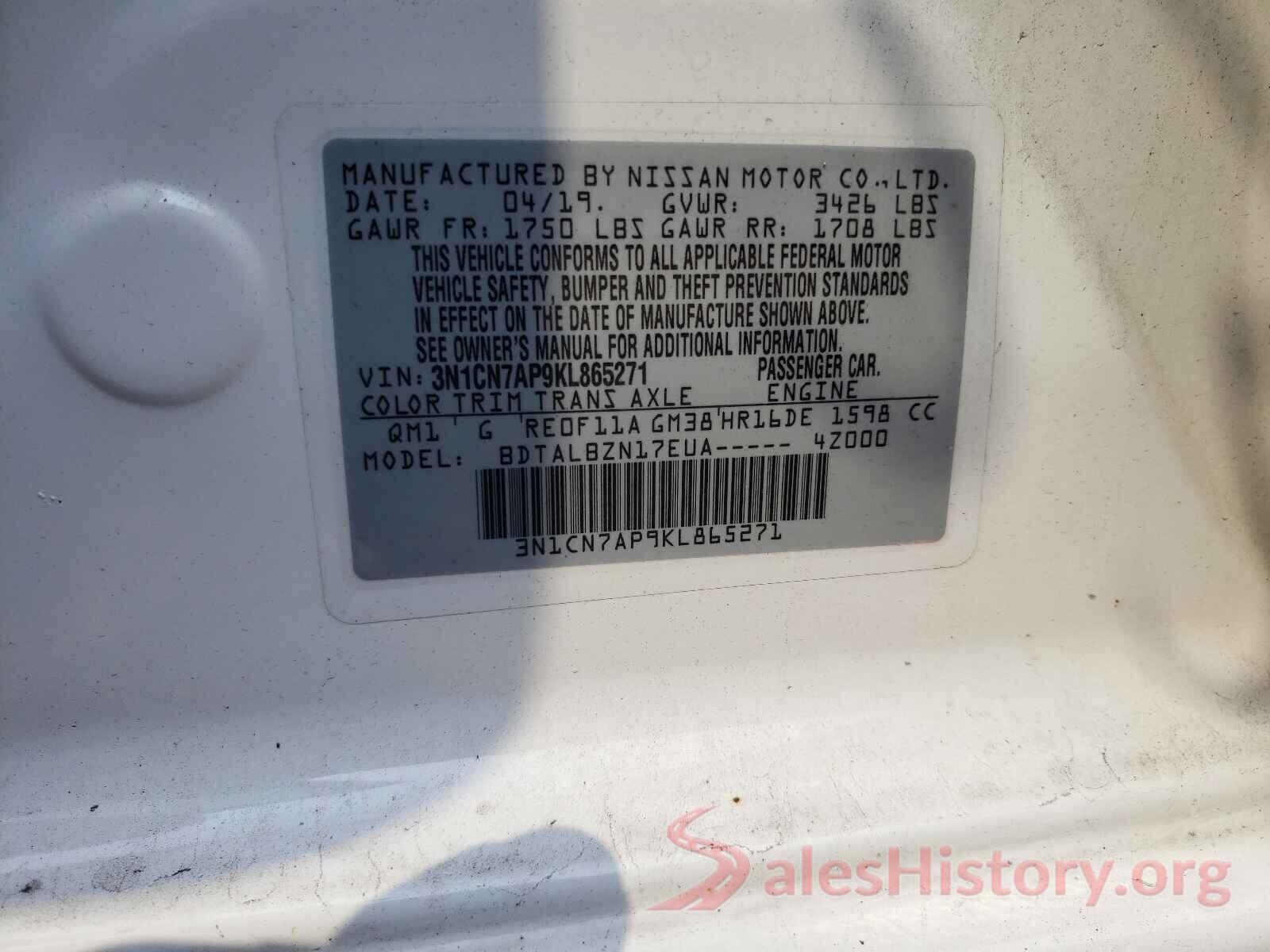 3N1CN7AP9KL865271 2019 NISSAN VERSA