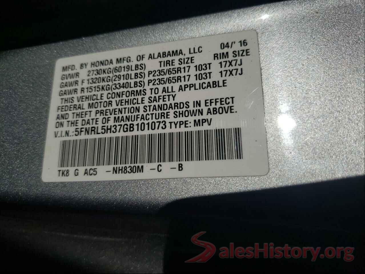 5FNRL5H37GB101073 2016 HONDA ODYSSEY