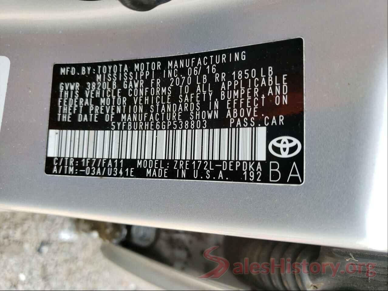 5YFBURHE6GP538803 2016 TOYOTA COROLLA