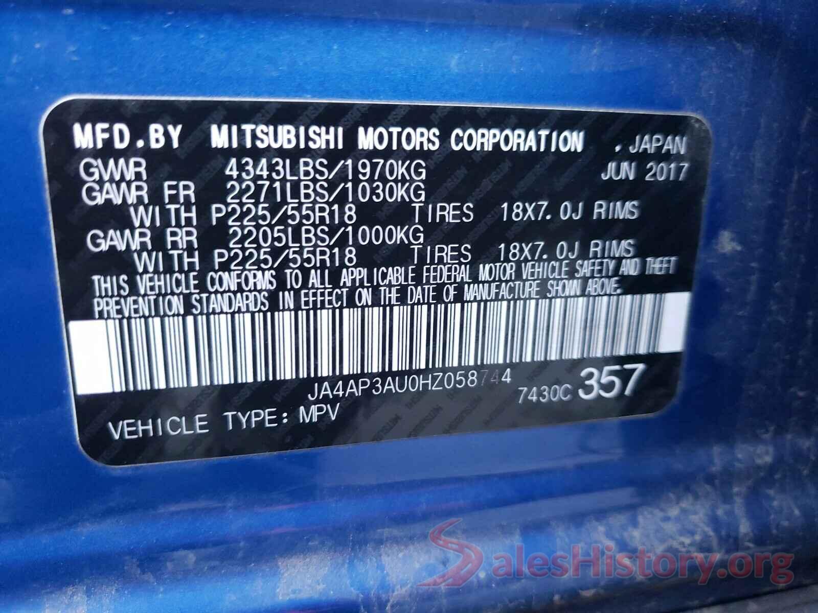 JA4AP3AU0HZ058744 2017 MITSUBISHI OUTLANDER