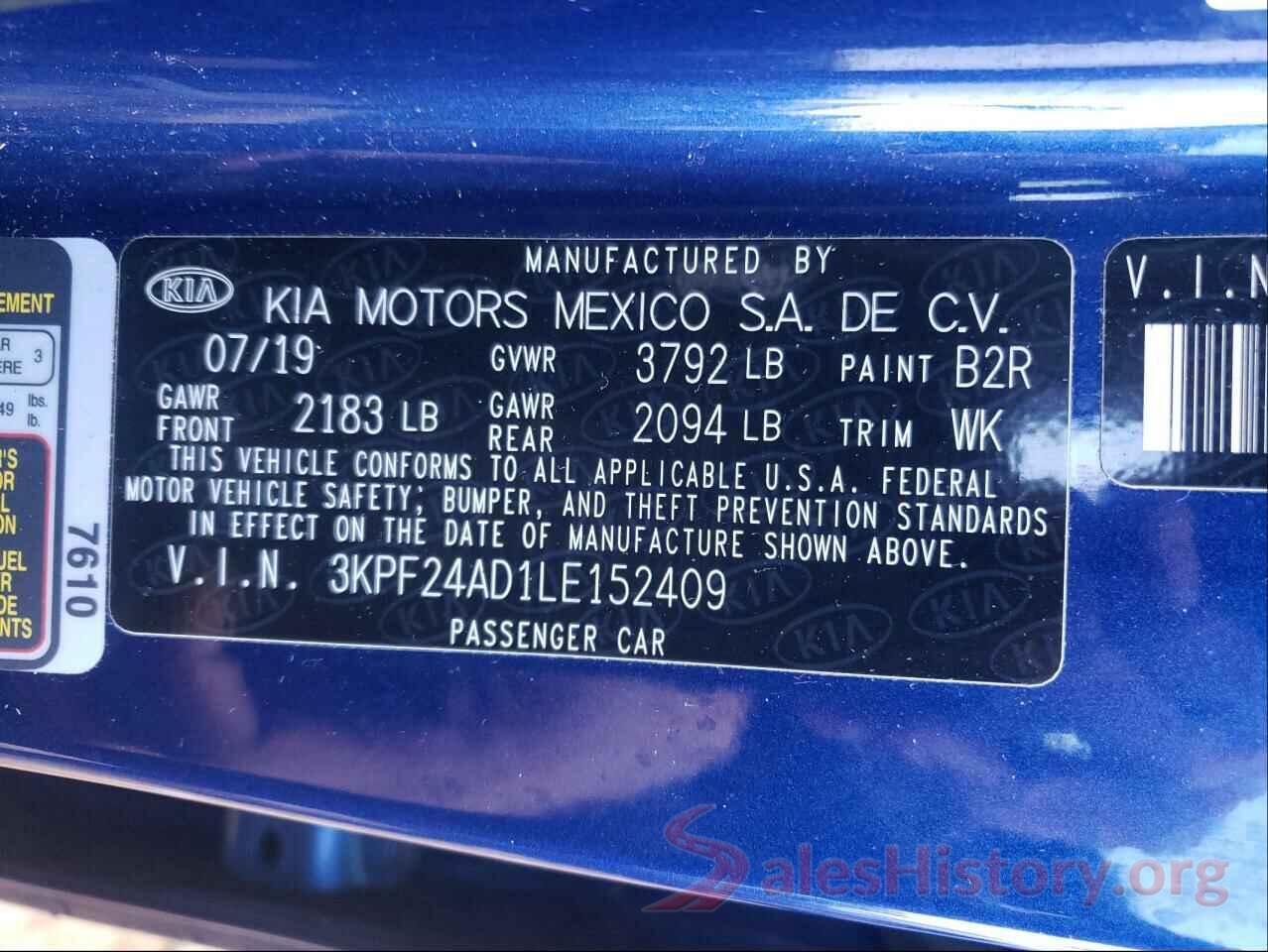 3KPF24AD1LE152409 2020 KIA FORTE