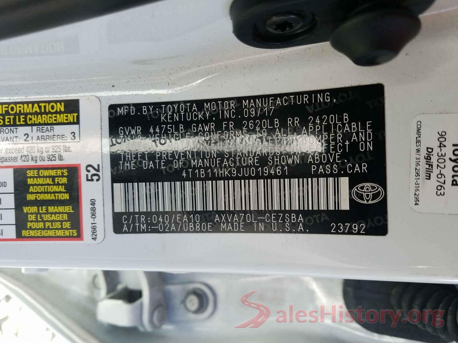 4T1B11HK9JU019461 2018 TOYOTA CAMRY