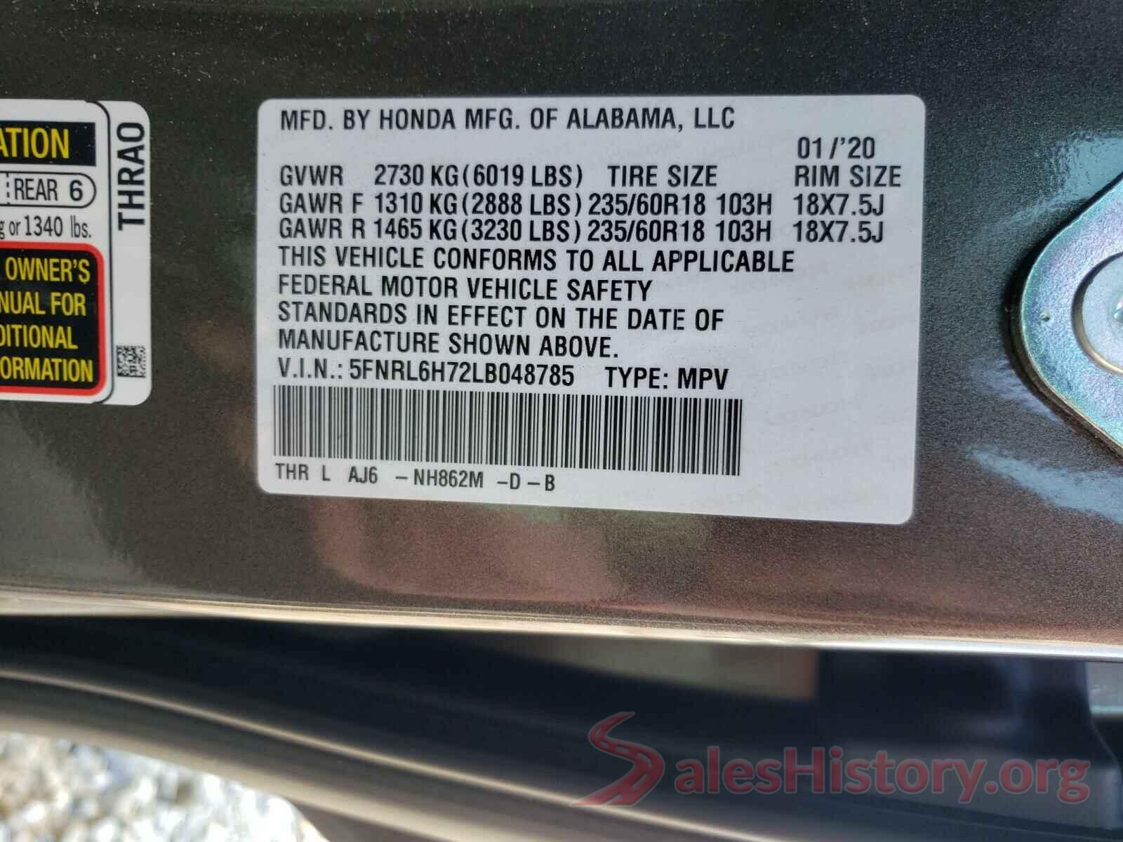 5FNRL6H72LB048785 2020 HONDA ODYSSEY