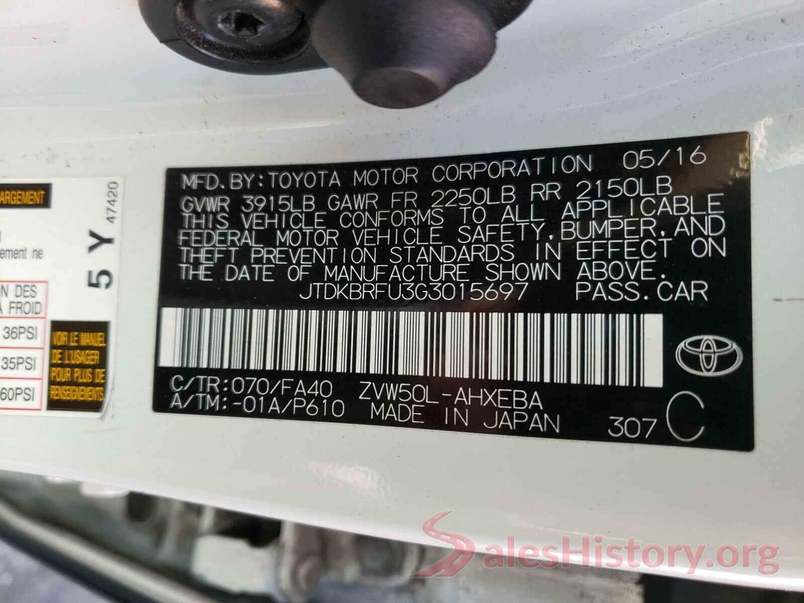 JTDKBRFU3G3015697 2016 TOYOTA PRIUS