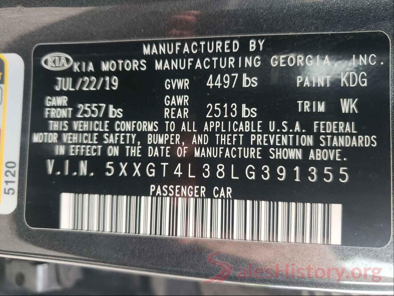 5XXGT4L38LG391355 2020 KIA OPTIMA