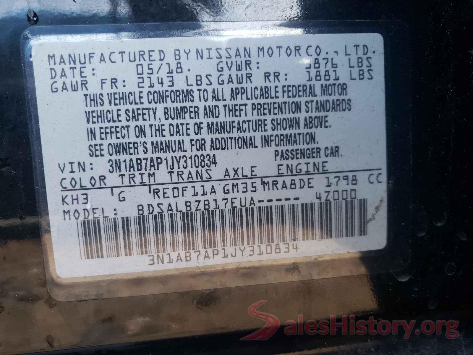 3N1AB7AP1JY310834 2018 NISSAN SENTRA