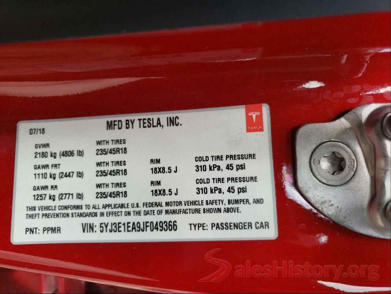 5YJ3E1EA9JF049366 2018 TESLA MODEL 3