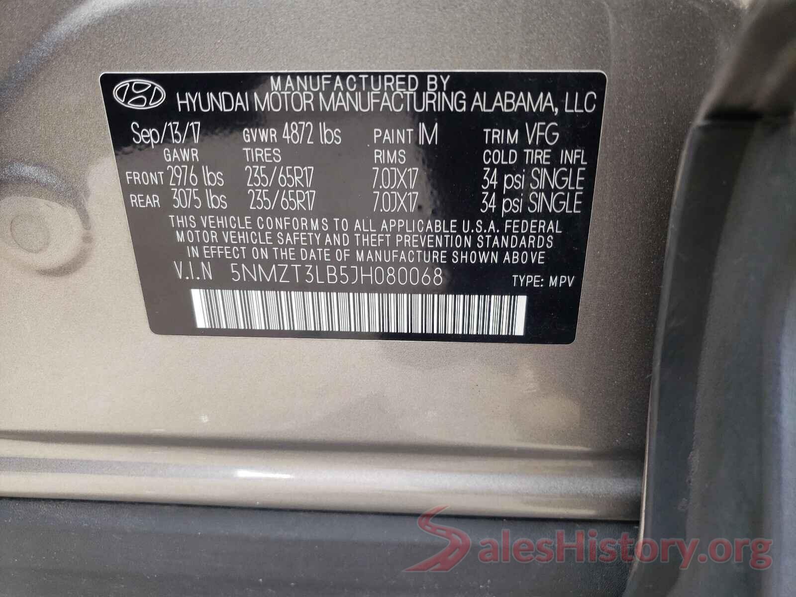 5NMZT3LB5JH080068 2018 HYUNDAI SANTA FE