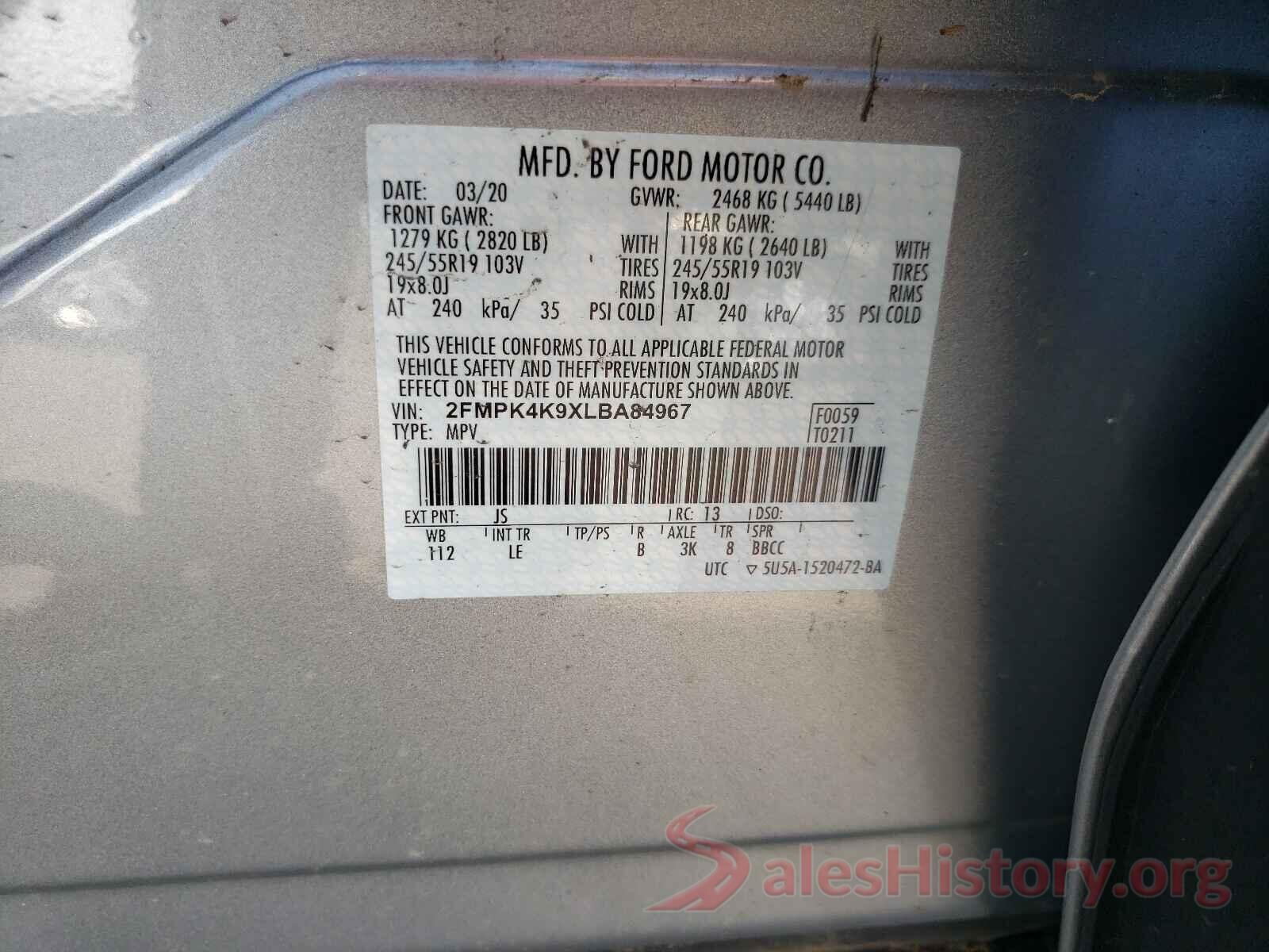 2FMPK4K9XLBA84967 2020 FORD EDGE