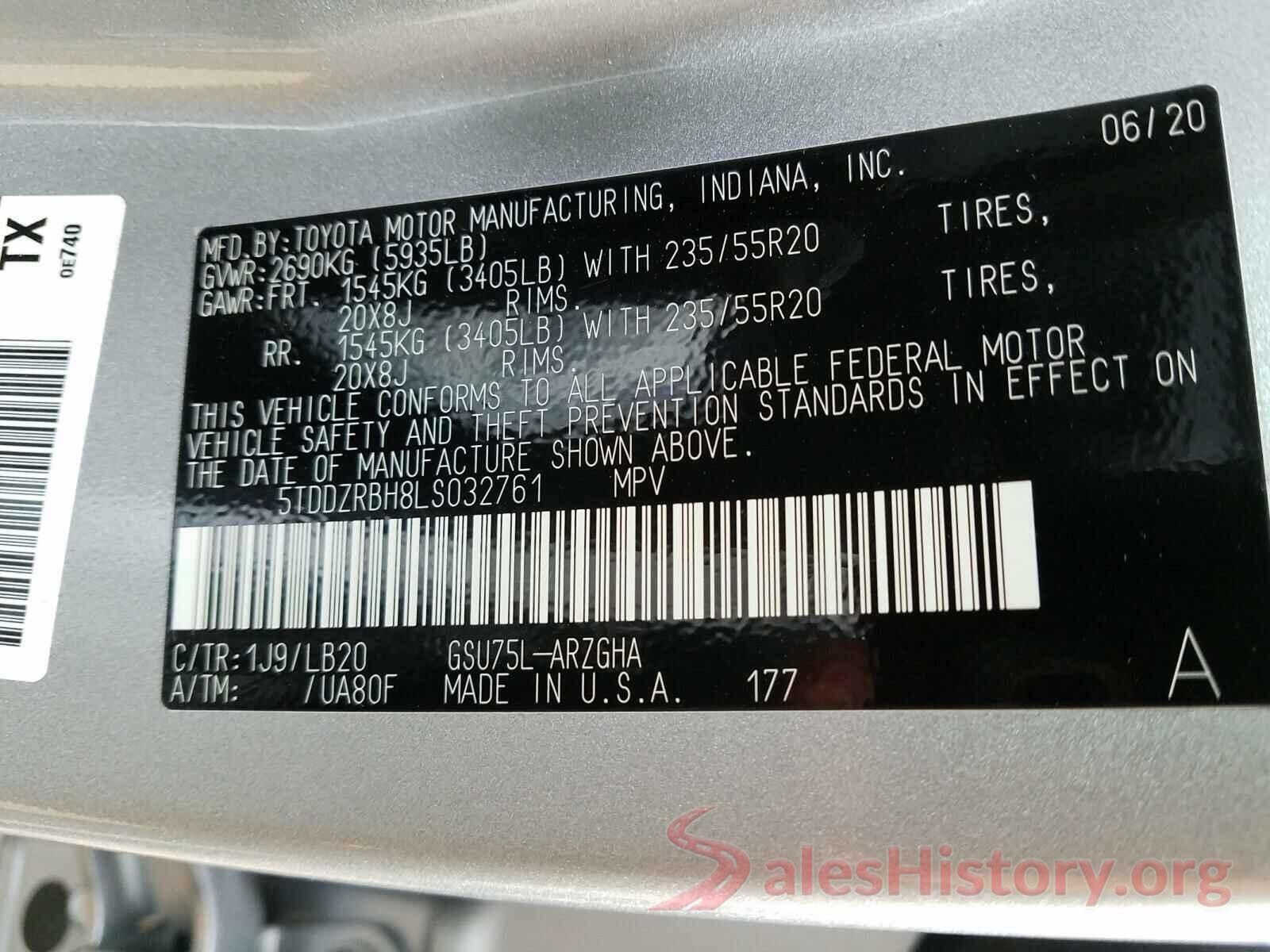 5TDDZRBH8LS032761 2020 TOYOTA HIGHLANDER