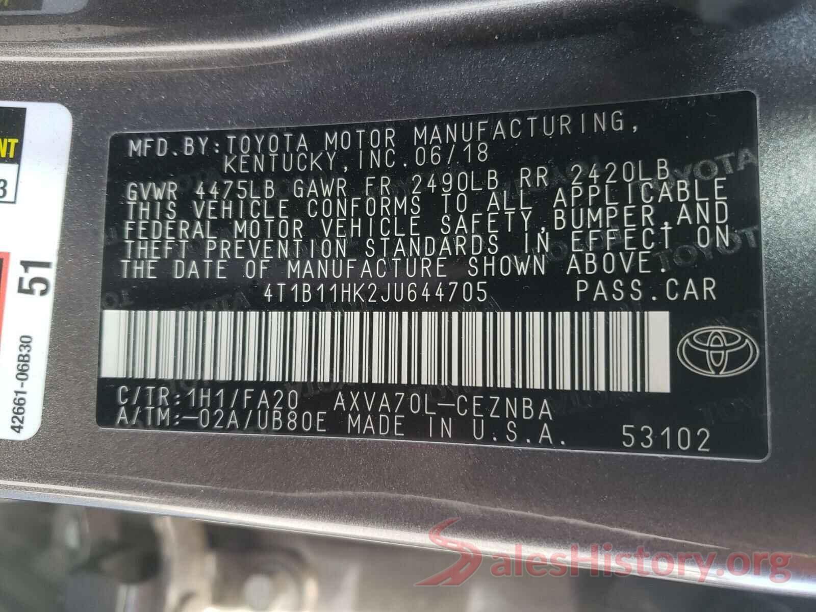 4T1B11HK2JU644705 2018 TOYOTA CAMRY