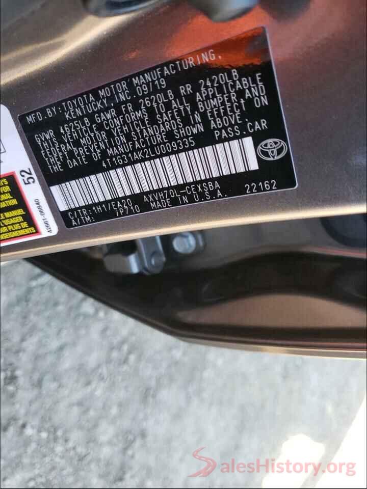 4T1G31AK2LU009335 2020 TOYOTA CAMRY