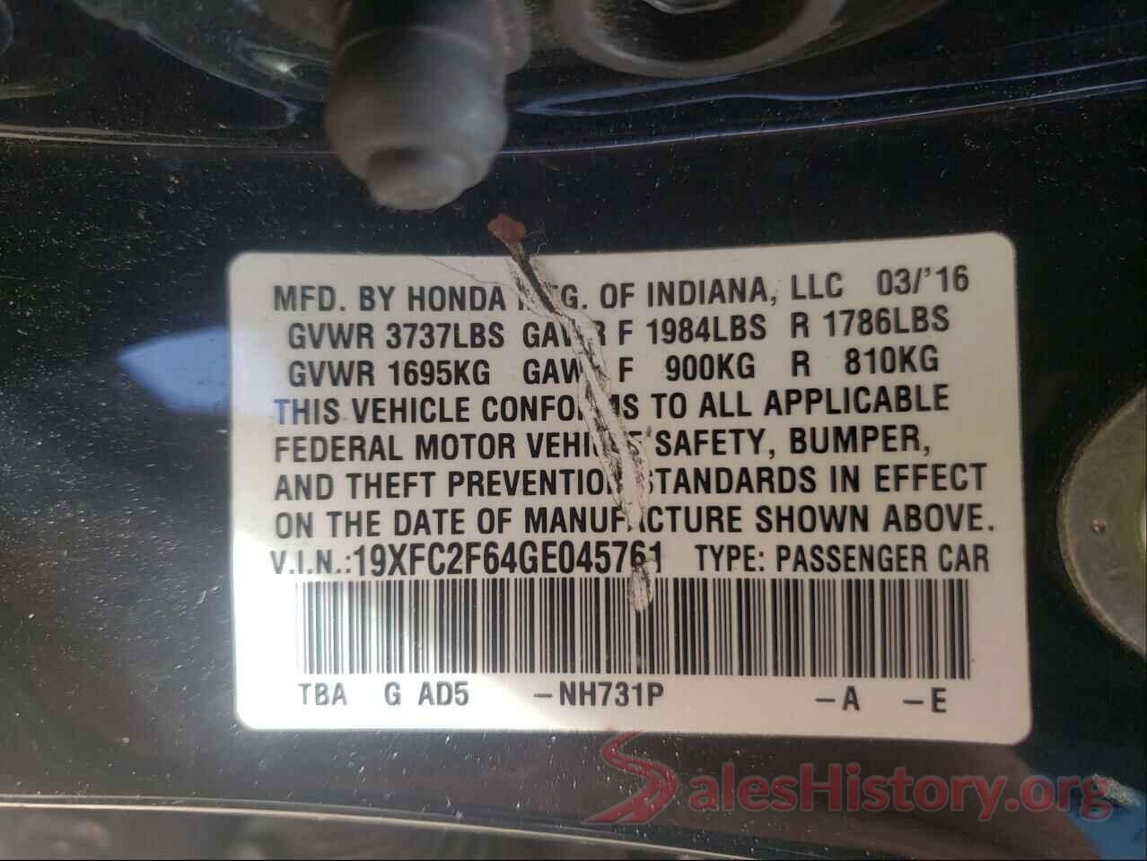 19XFC2F64GE045761 2016 HONDA CIVIC