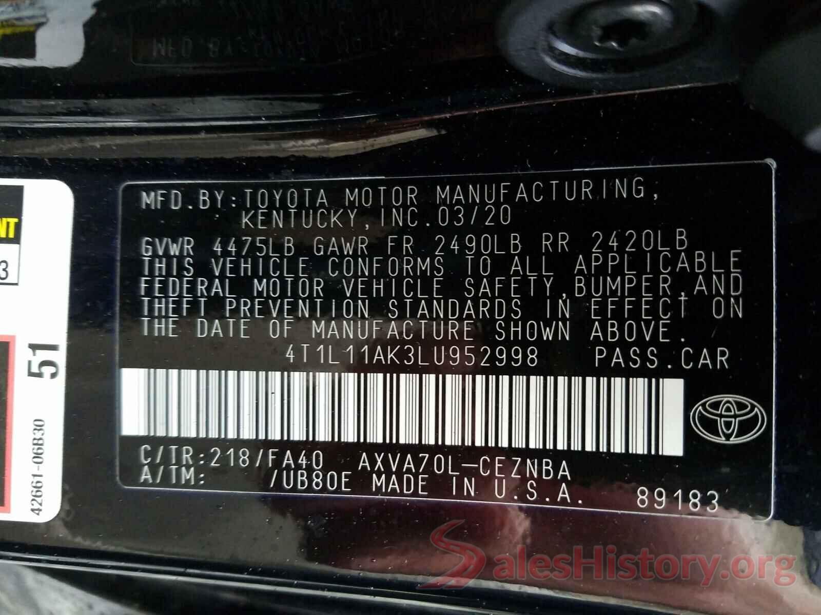 4T1L11AK3LU952998 2020 TOYOTA CAMRY