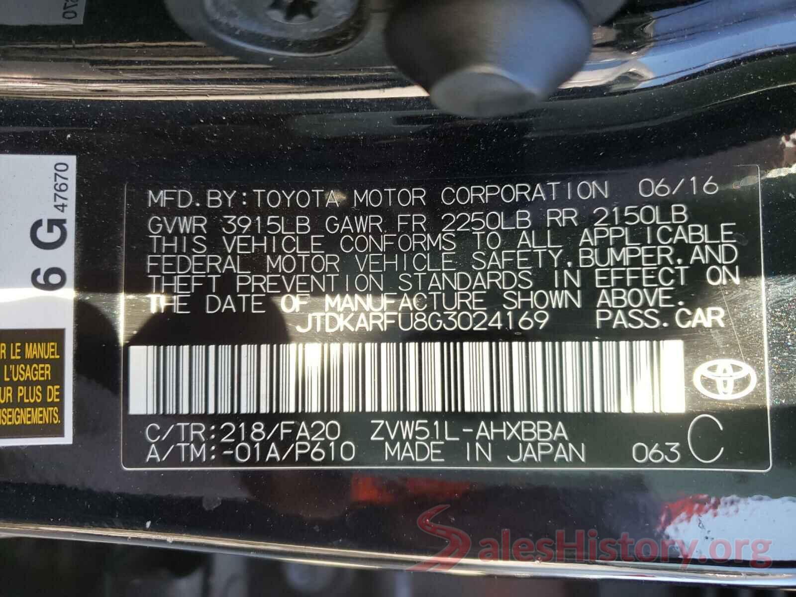 JTDKARFU8G3024169 2016 TOYOTA PRIUS