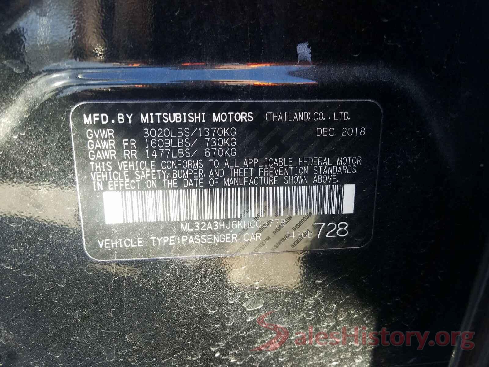 ML32A3HJ6KH005778 2019 MITSUBISHI MIRAGE