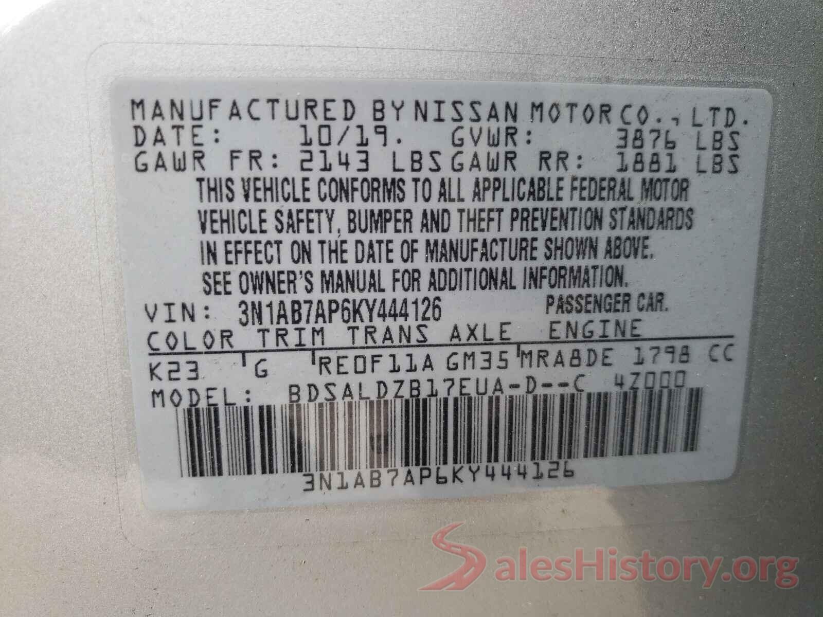 3N1AB7AP6KY444126 2019 NISSAN SENTRA