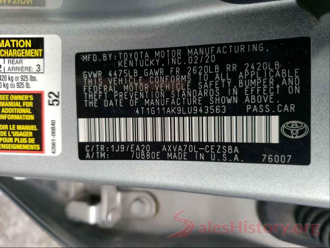 4T1G11AK9LU943563 2020 TOYOTA CAMRY