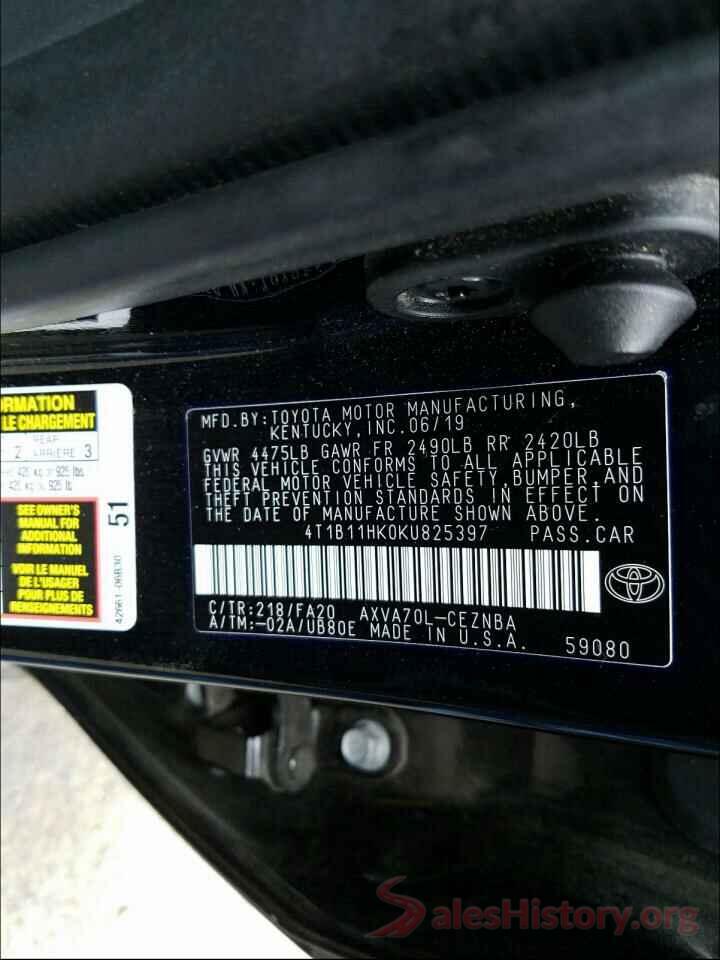 4T1B11HK0KU825397 2019 TOYOTA CAMRY