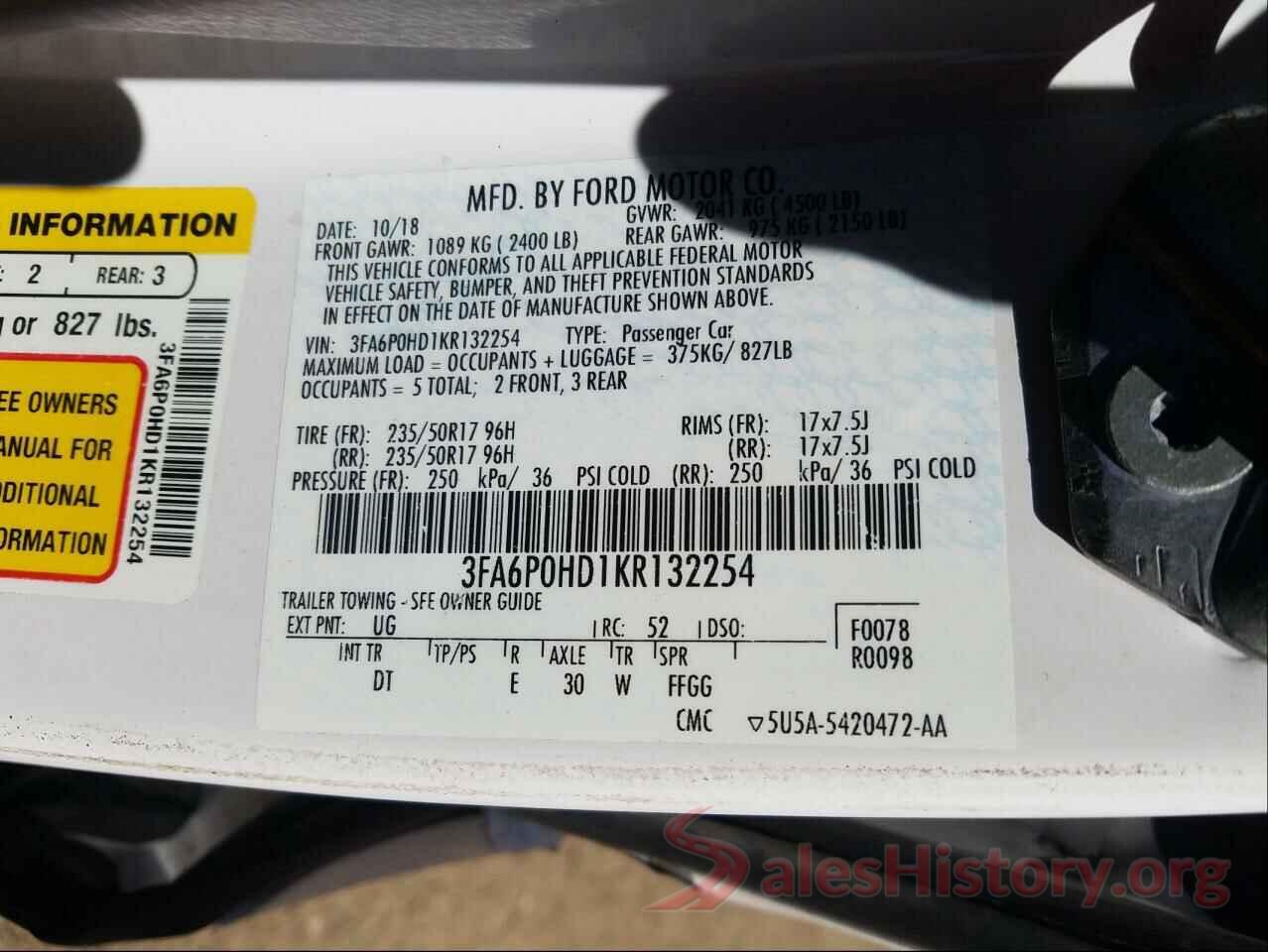 3FA6P0HD1KR132254 2019 FORD FUSION