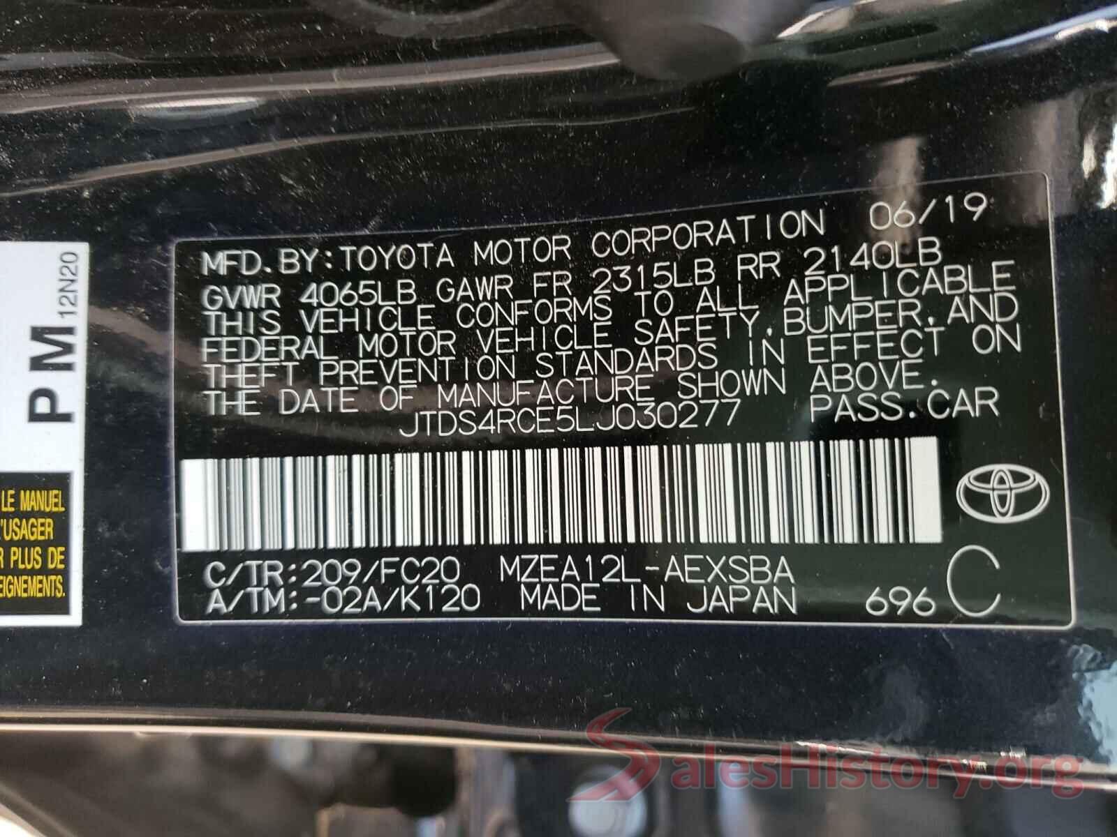 JTDS4RCE5LJ030277 2020 TOYOTA COROLLA